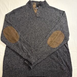 SWEATER MENS‎ LRG Chaps  CHARCOAL 1/4 Button Mock Neck Knit  Elbow Patch Classic